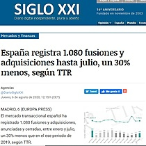 Espaa registra 1.080 fusiones y adquisiciones hasta julio, un 30% menos, segn TTR